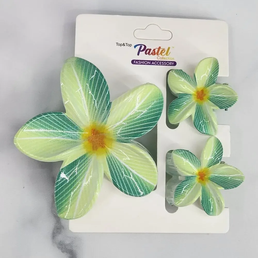 3 pc Hawaiian Flower Claw Clip Set - Hair Accessories Green Plumeria